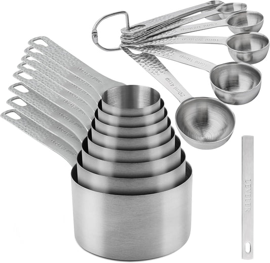 Measuring Cups and Spoons Set 20 for Dry & Liquid, Metric & US 18/8 Stainless Steel Measure Cups and Spoons Set with Leveler