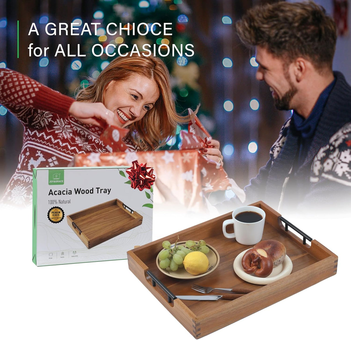 Joy&amp;Grace Acacia Wood Ottoman Tray with Handles 16.7" x 12.8" | Large Acacia Wooden Serving Tray for Coffee Table Living Room, Breakfast in Bed, Food Dinner, Kitchen, Couch (Color Natural)