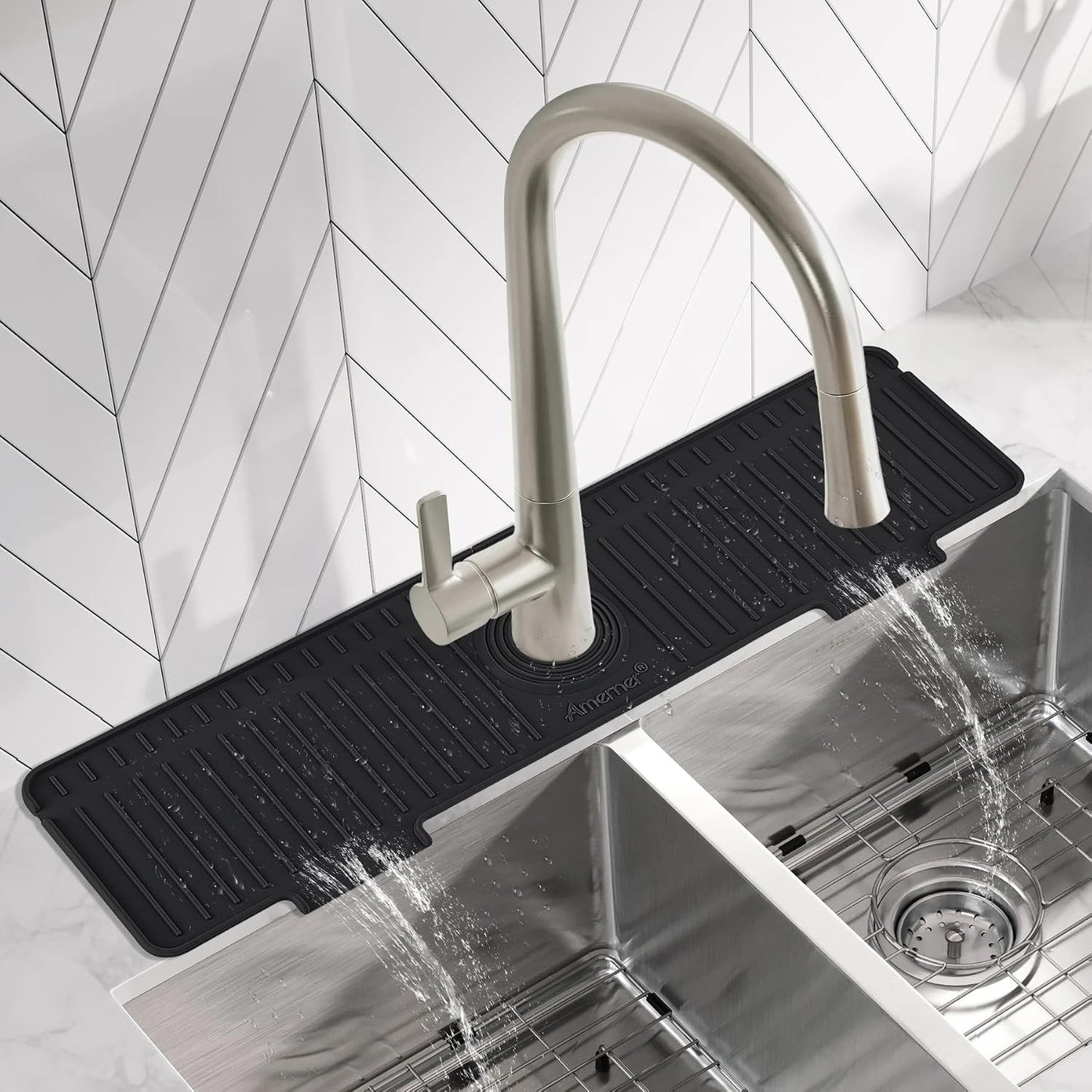 Kitchen Sink Splash Guard, 20 inch Silicone Faucet Guard &amp; Draining Mat, 10° Large Slope Sink Faucet Mat Splash Guard, Bathroom Sink Organizer, Kitchen Sink Accessories Gadgets, 20 x 5.5”, Black