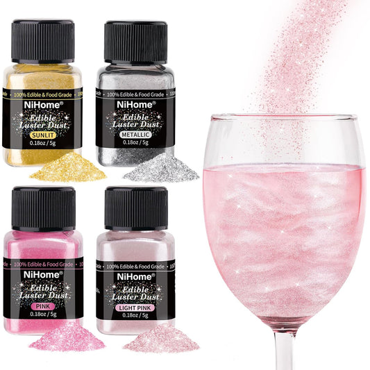 NiHome Edible Luster Dust Glitter Powder Fancy Metallic Sprinkles, Glimmer Luster Dust 4 Bottles of 0.18oz/5g for Decorating