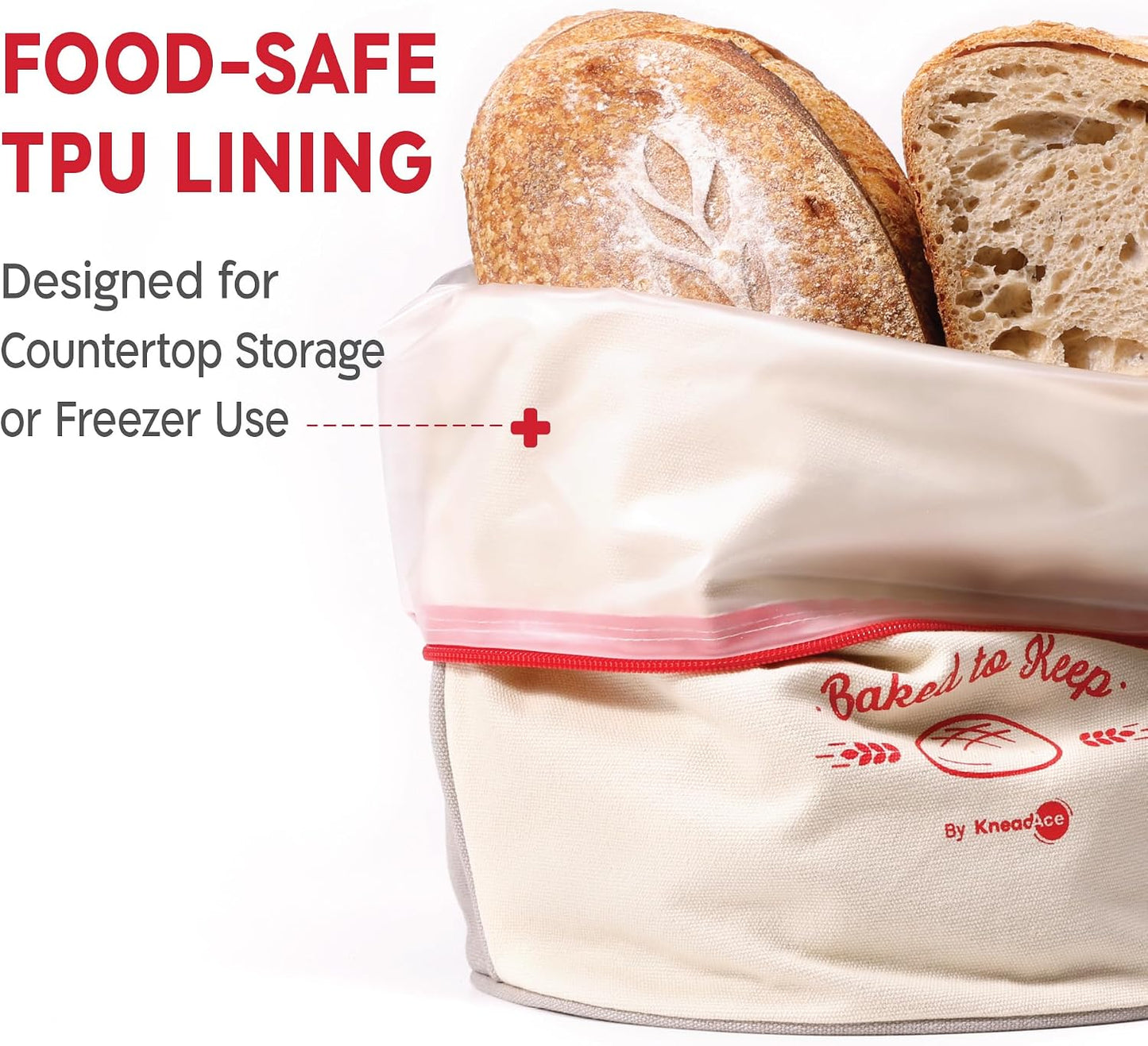 KNEADACE Sourdough Bread Bags for Homemade Bread, 2 Pack Reusable Cotton | Food-Safe TPU Lining, Freezer Safe, Machine Washable, Roll-Top with Zipper Closure, Eco-Friendly Bread Storage