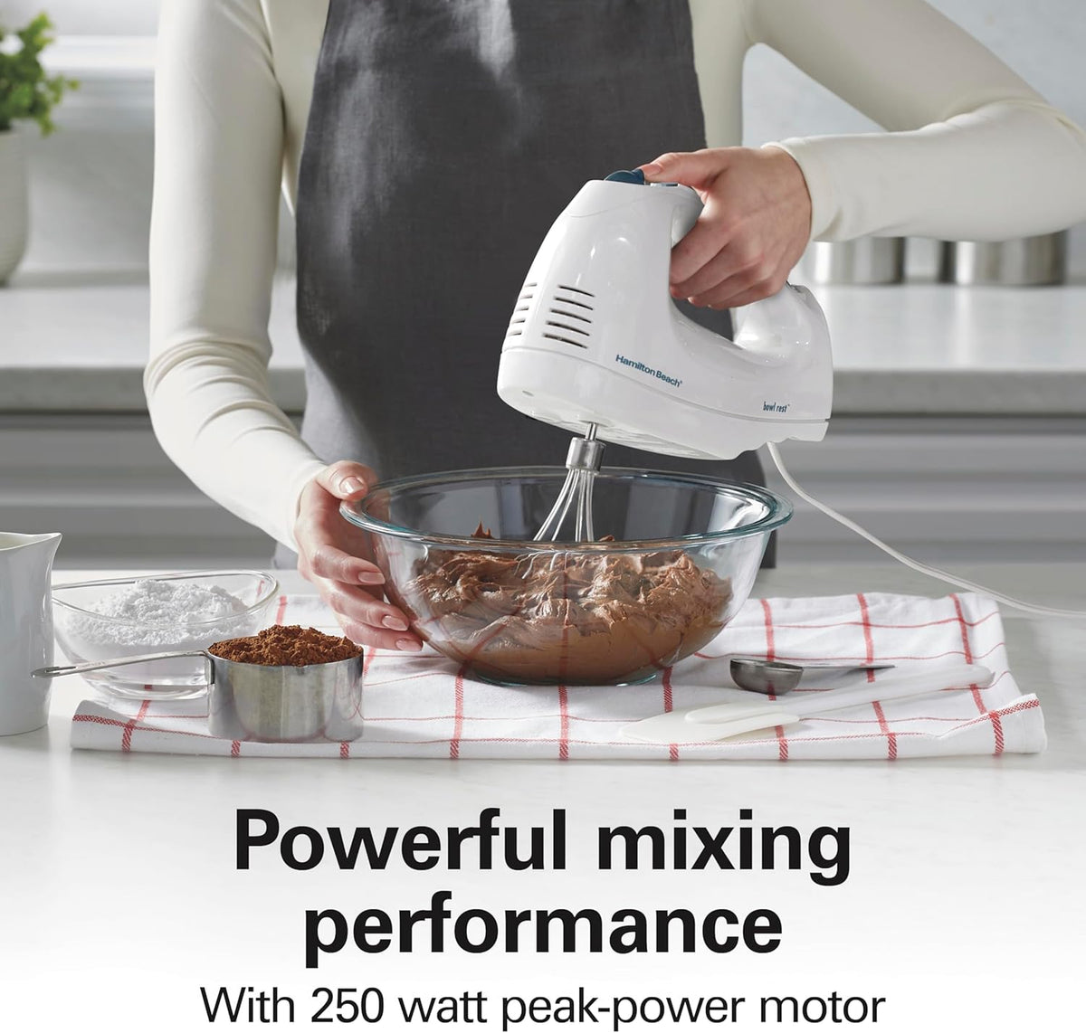 Hamilton Beach 6-Speed Electric Hand Mixer With QuickBurst and Bowl Rest | Powerful 250 Watt Motor | Traditional Beaters | Snap-On Storage Case | White | 62682G