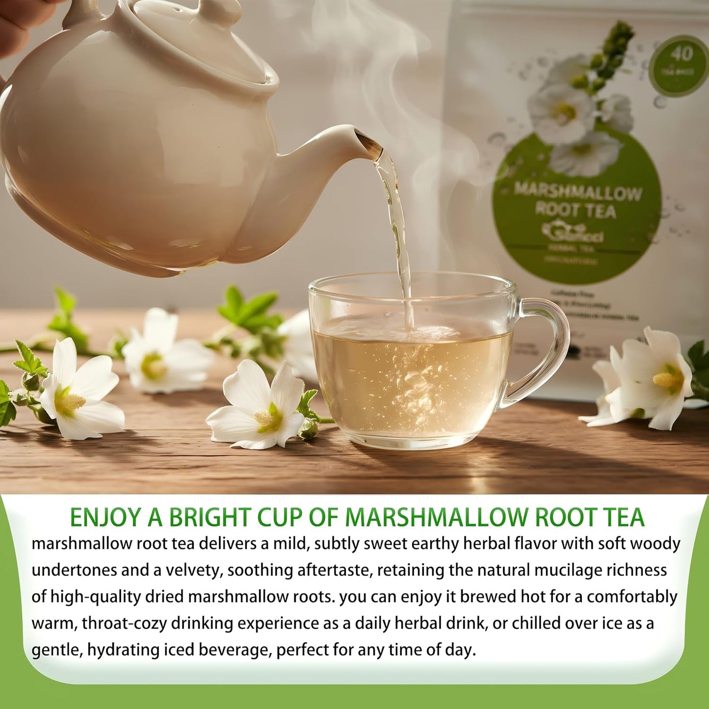 Samcci Marshmallow Root Tea Bags, 40 Count, Pure Althaea Officinalis | Pure Dried Cut &amp; Sifted Root, Supports Digestion &amp; Respiratory, 100% Natural, No Sugar, Caffeine-Free, Vegan
