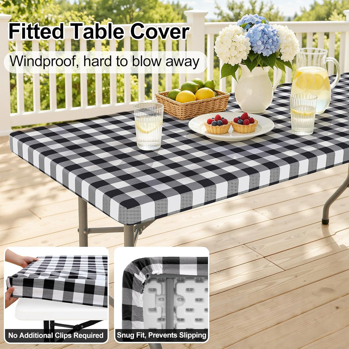 Smiry 6 Foot Picnic Table Cloth, Flannel Backed Fitted Vinyl tablecloths | Waterproof Elastic Rectangle Tablecloth ,Buffalo Plaid Table Covers for Dining, Camping, Outdoor (Black and White, 30" x 72")