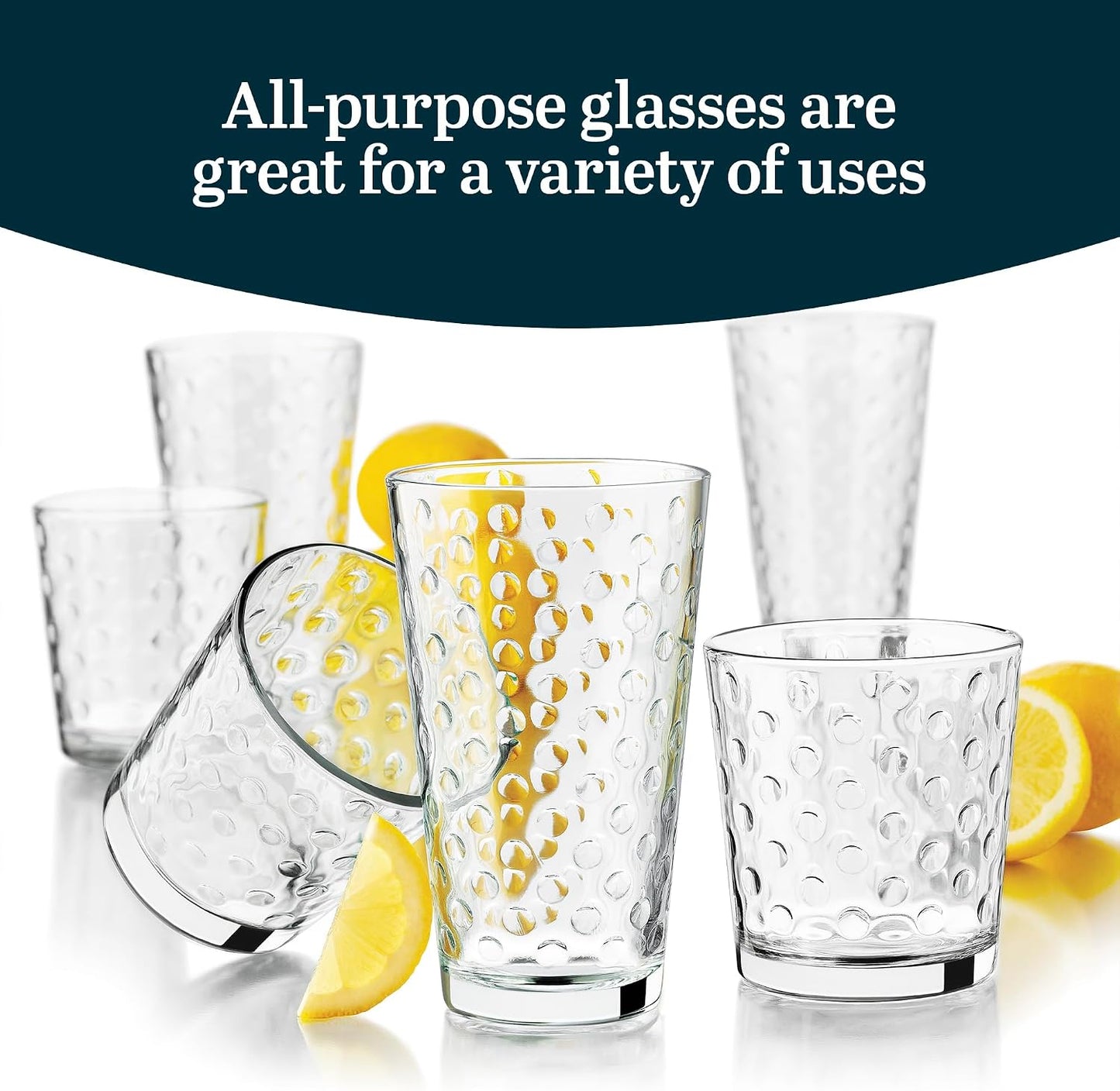 Libbey Awa Polka Dot Tumbler &amp; Rocks Drinking Glasses Set of 16, Glass Cups | 16 oz and 13 oz Capacity Vintage-Inspired Polka Dot Texture for Water, Juice, Cocktails &amp; More, Dishwasher Safe Cleanup