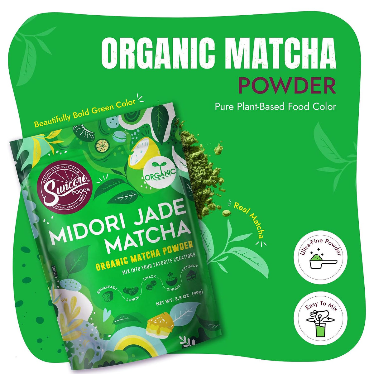 Suncore Foods Organic Midori Jade Matcha Powder 3.5oz | Gluten Free | Vegan | Natural Green Food Coloring, Japanese Premium Culinary Grade Matcha, For Baking, Desserts, Lattes, Non-GMO, Resealable Pouch