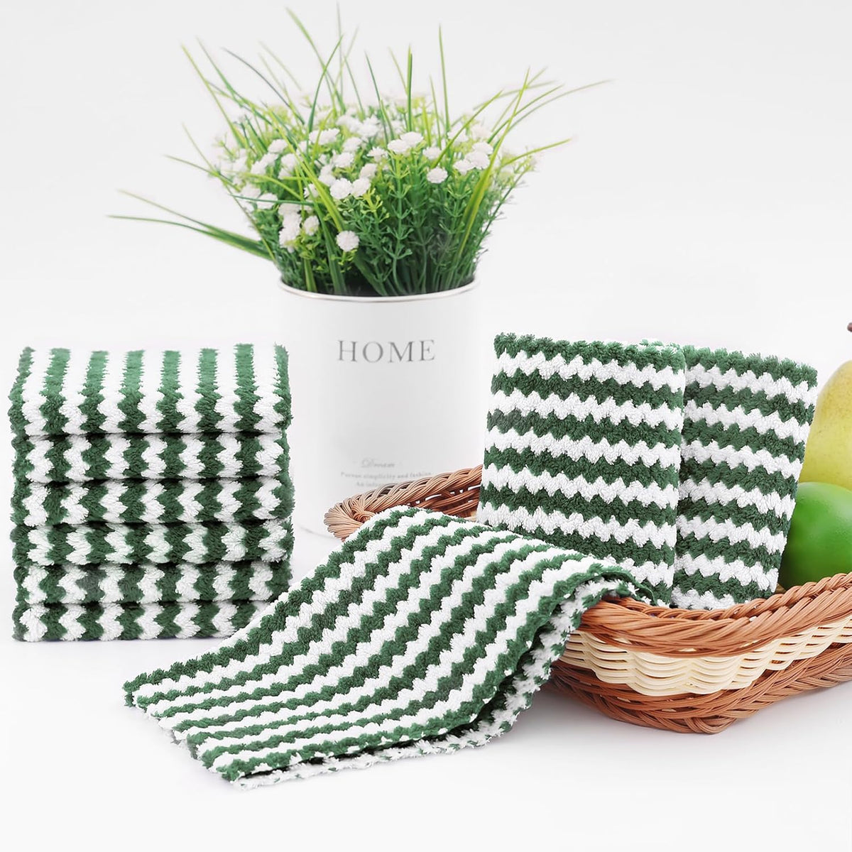Homaxy 18 Pack Kitchen Dish Cloths, Ultra Soft and Absorbent Dish Towels, Reusable Fast Drying Microfiber Cleaning Cloth, Coral Velvet Wave Design No-lint,10 x 10 inches, Grass Green
