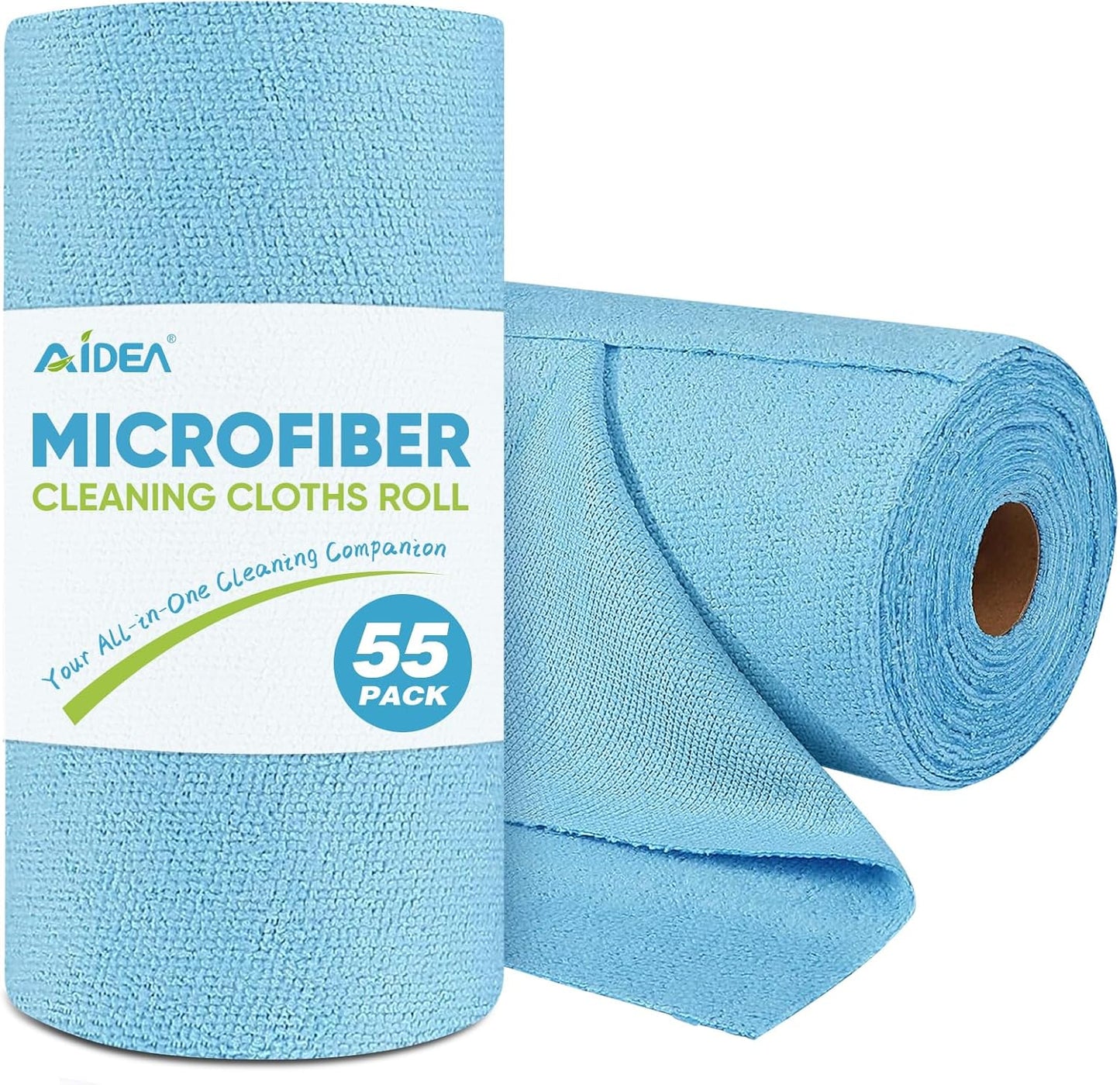 AIDEA Microfiber Cleaning Cloth Roll, Blue Shop Towels 55 Sheets Washable, Microfiber Towels for Car