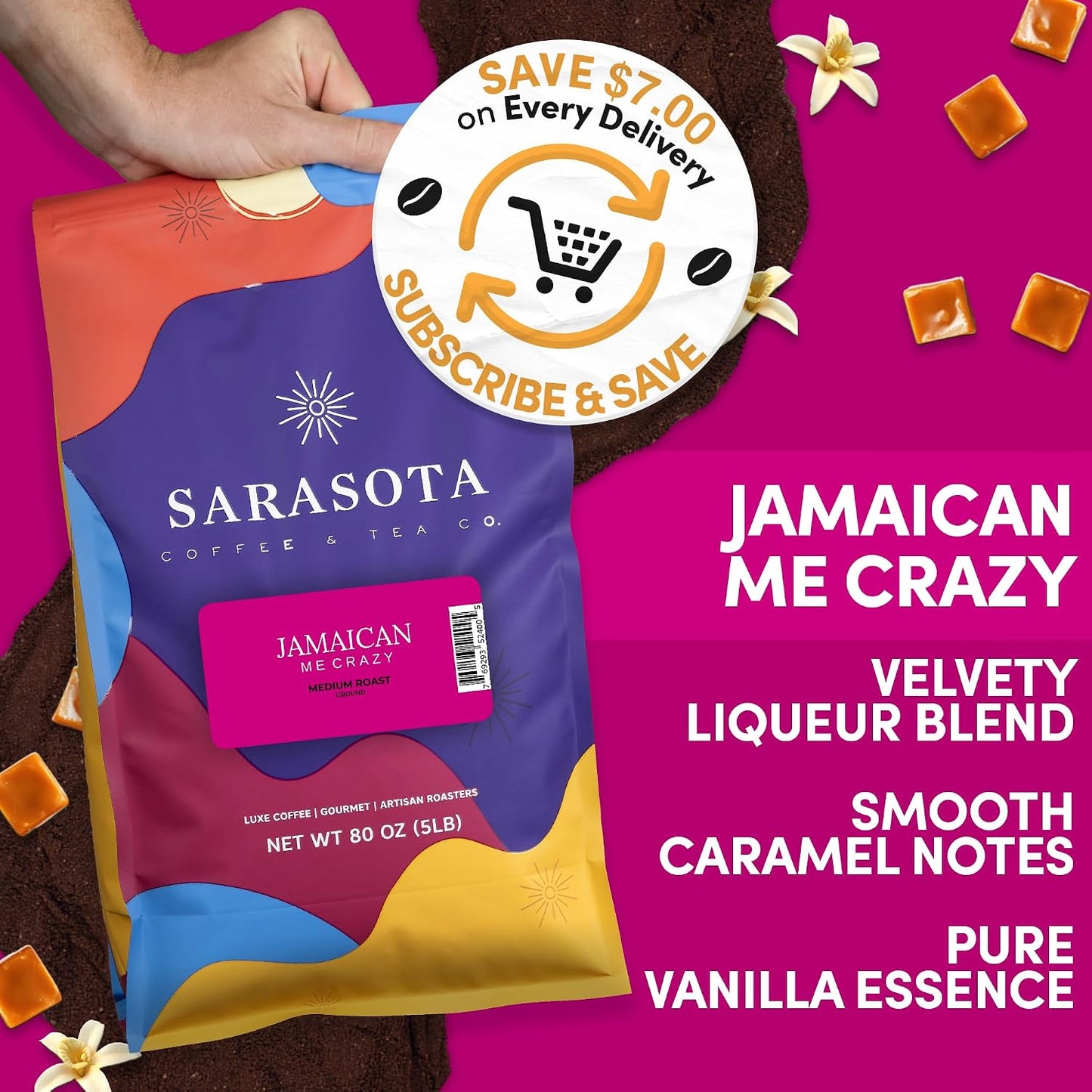 Sarasota Coffee Ground Jamaican Me Crazy | Medium Roast Gourmet Flavored Coffee Grounds | Low Acid, Mold Free, Specialty Grade Flavored Bulk Ground | 5lb (80 oz)