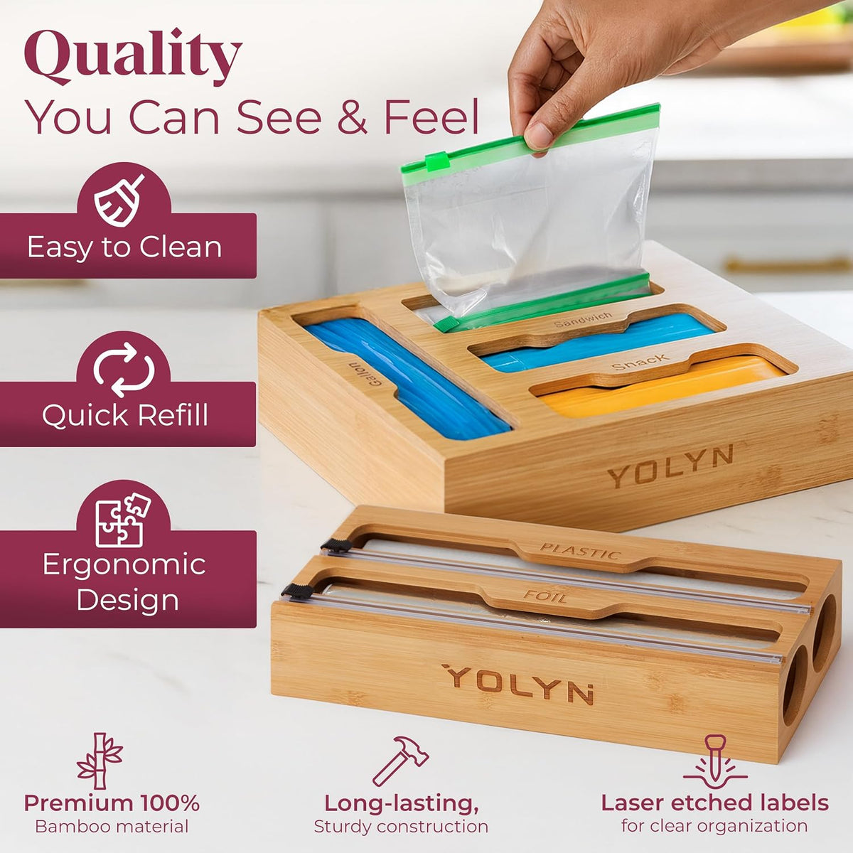 Bamboo Kitchen Storage Bag Organizer, Drawer Organizer with Foil Dispenser, Bamboo Organizer for Sandwich Bags, Plastic Wrap, Baggie and Foil, Premium Kitchen Drawer Organizer