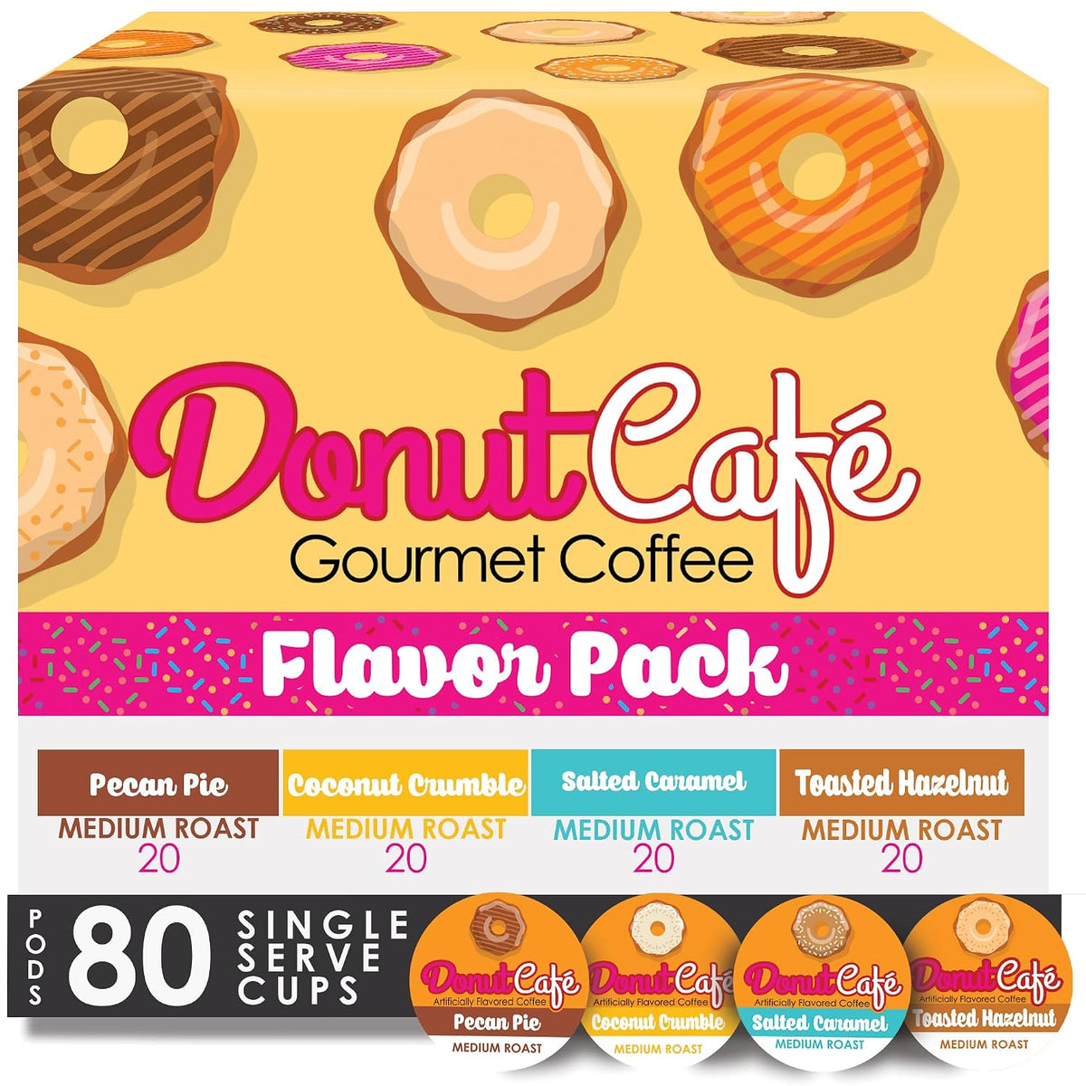 Donut Café K-Cup Coffee Pods, Medium Roast, Flavored Variety, 80 Count | Variety Pack Includes 20 Pecan Pie, 20 Coconut Crumble, 20 Salted Caramel, 20 Toasted Hazelnut, For Keurig K Cup Brewers