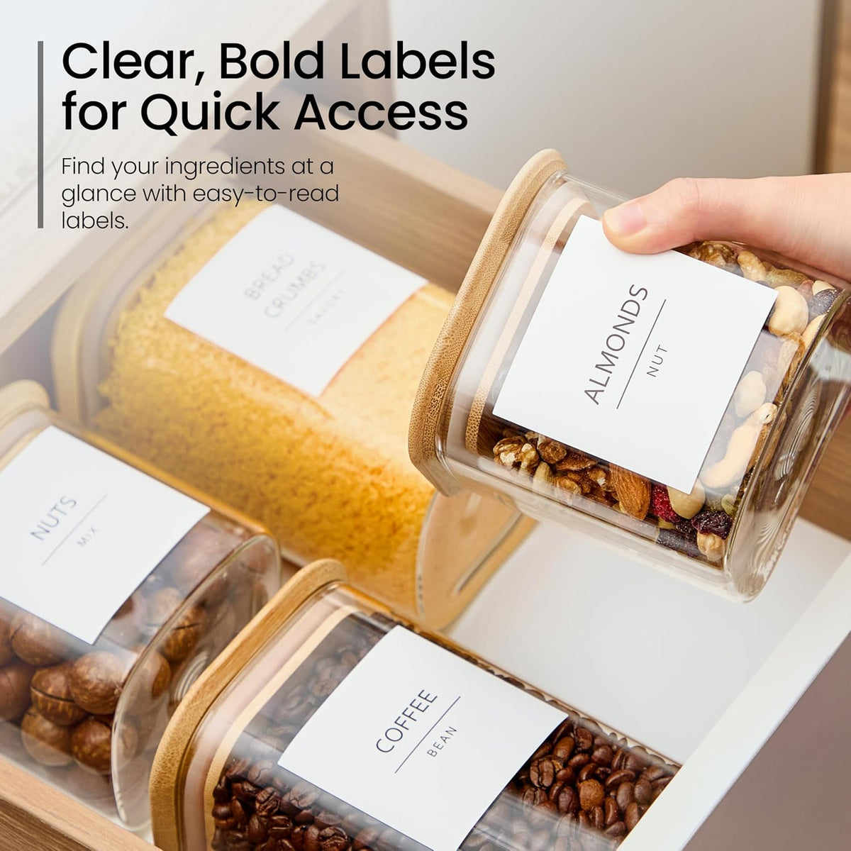 Talented Kitchen Square Glass Food Storage Containers - Airtight & Labeled Glass Kitchen Storage Containers - Space-Saving Stackable Square Pantry Jars - Pack of 6, 24/37/51 fl oz