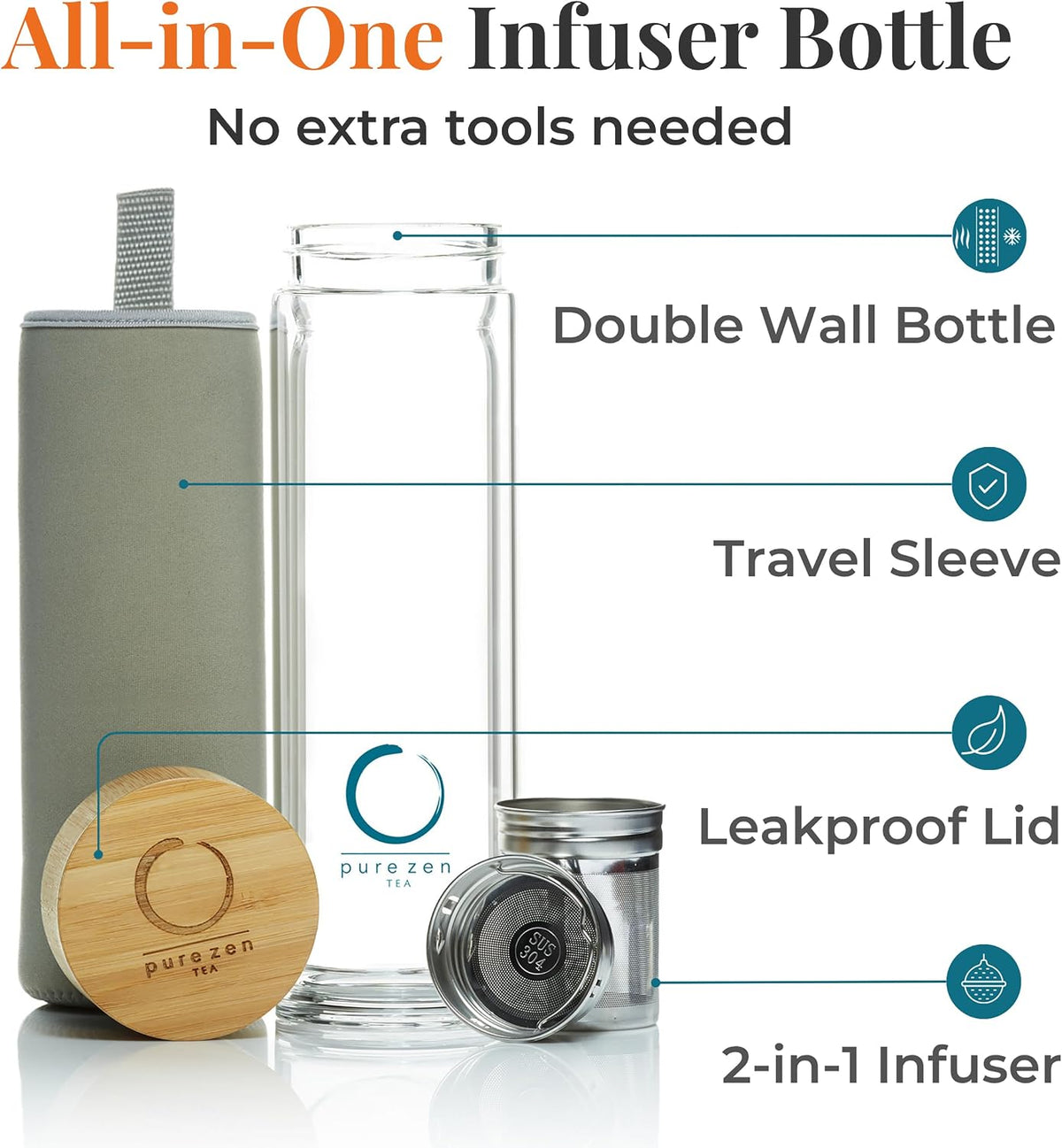 Pure Zen Tea Glass Tea Infuser Bottle, Leakproof, Tea Tumbler with Infuser | 15oz, Double Wall, Travel Sleeve, Extra-fine Stainless Steel Filter, Bamboo Lid, Gift-ready Packaging, Extra-thick Glass