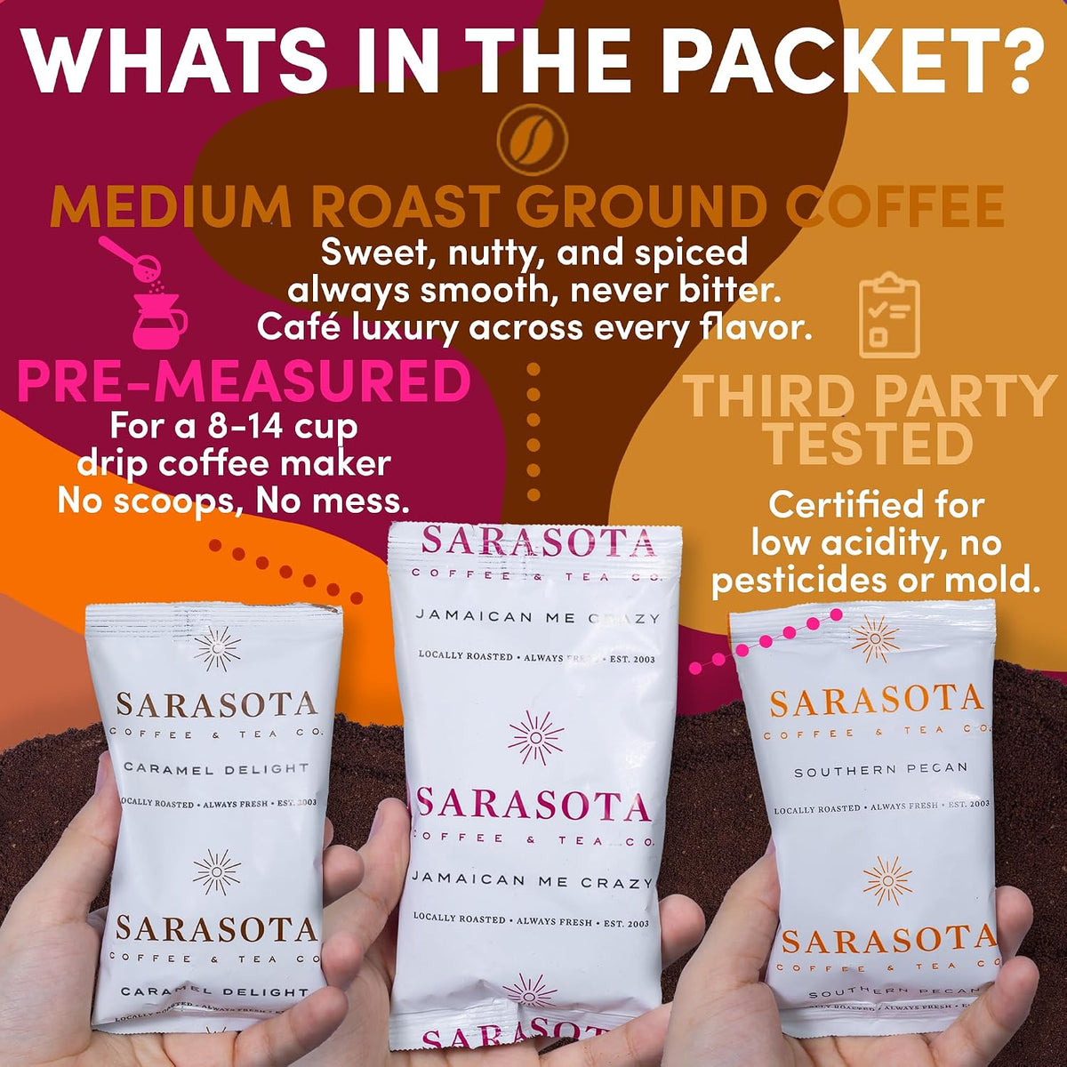 Coffee Gift Set Sampler – Flavored Ground Variety Pack | Medium Roast Low Acid Mold-Free Packets | Gourmet Pre-Measured 2oz Bags for 12 Cup Drip Makers, 12-Count – Sarasota