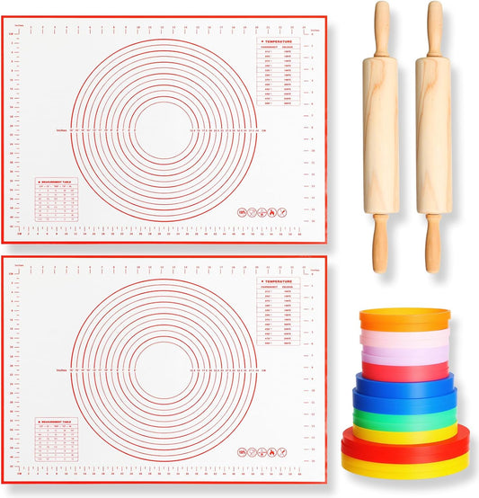 20 Pcs Rolling Pin Set Include 2 Classic Wood Dough Rollers 16 Adjustable Thickness Guide Rings 2 Pastry Mats Non slip