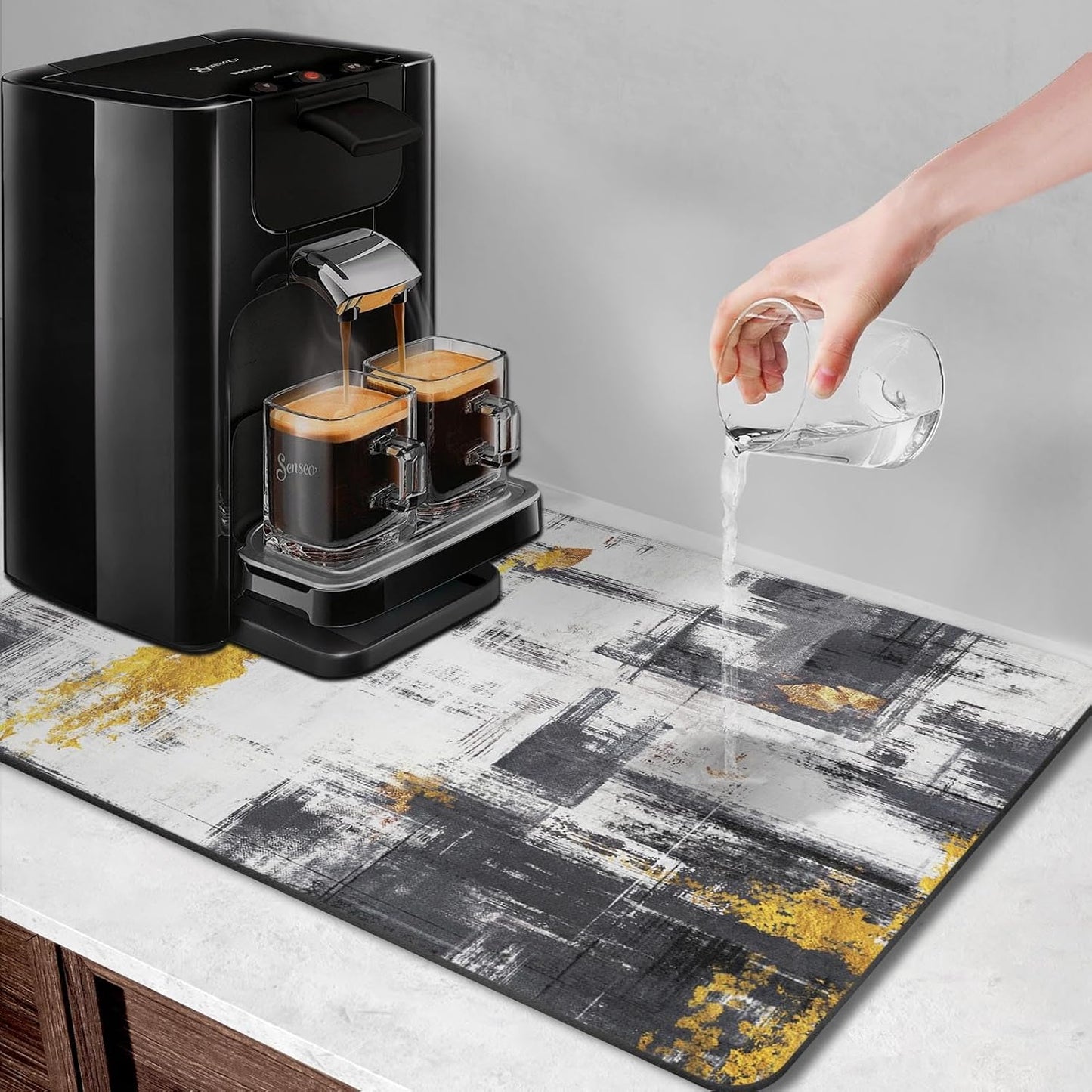 Arttown Coffee Mat for Countertops, 2 Pcs, 12" x 19" Abstract Minimalism | Golden Black Grey Dish Drying Mats Rubber Backed, Kitchen Bar Accessories for Espresso Machine Rack Hide Stain