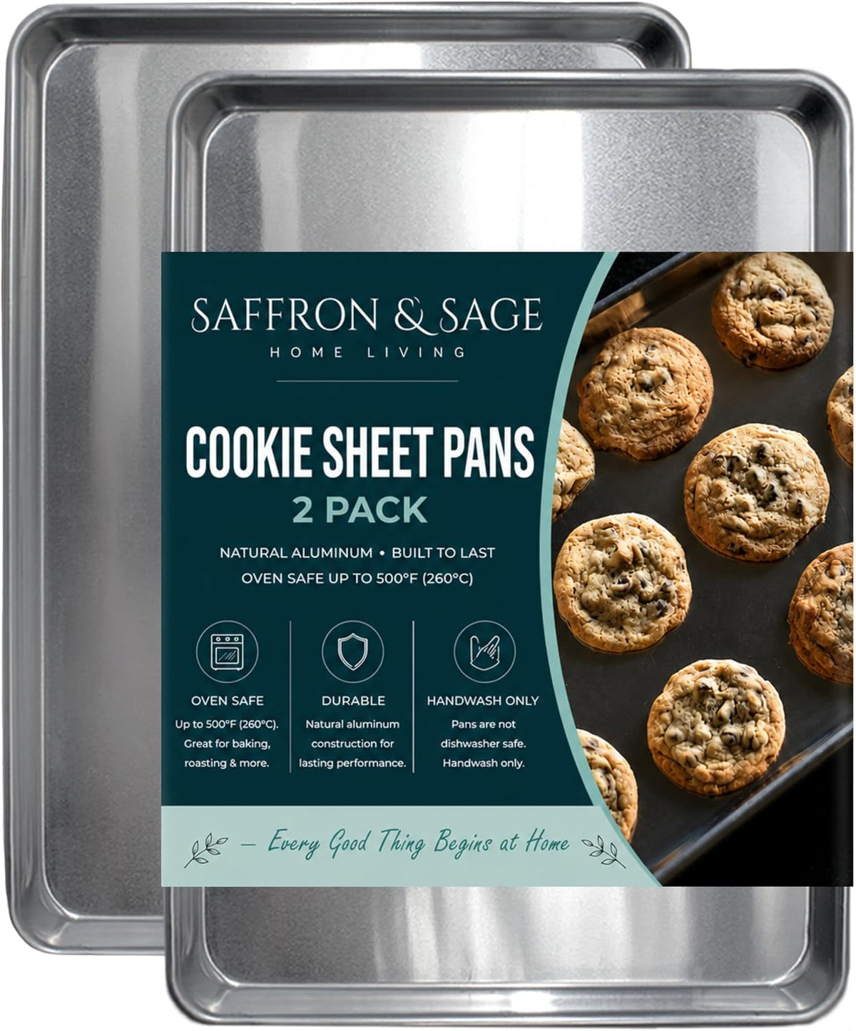 Commercial Quality Cookie Sheet Pan - 2 Pack Aluminum Half Sheet Baking Pan by Saffron &amp; Sage Home Living - This 18x13 Rimmed Baking Sheet Set is Rust &amp; Warp Resistant, Heavy Duty, of Thick Gauge