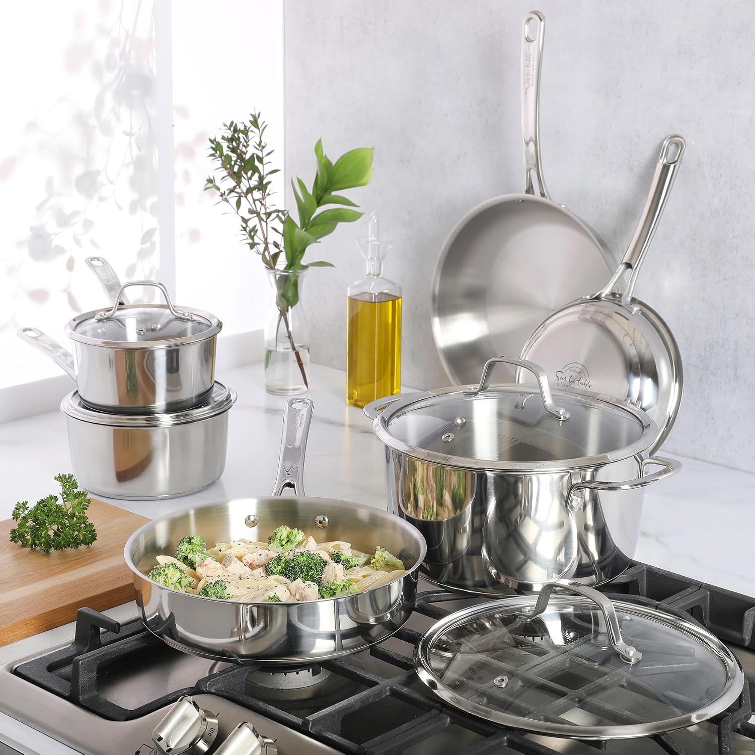 Sur La Table Kitchen Essentials Chef's Deck 10 Piece Stainless Steel Non Toxic Pots and Pans Kitchen Cookware Set w/Trip