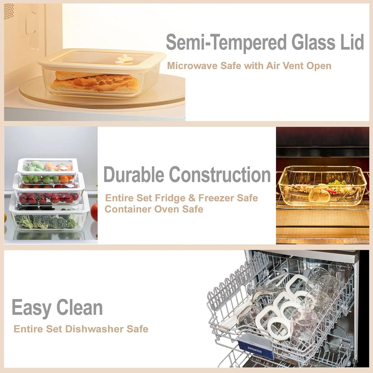 Urban Green Glass Food Container Set with Silicone Glass Lid, Large Size 3 Pack, Meal Prep Food Storage Containers with Airtight Lids, Leakproof, 100% Plastic Free, White color