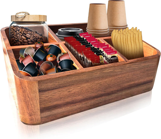 Dstuff Acacia Wood Coffee Station Organizer for Countertop, Tea Organizer and Holder, Coffee Bar Caddy with Multiple