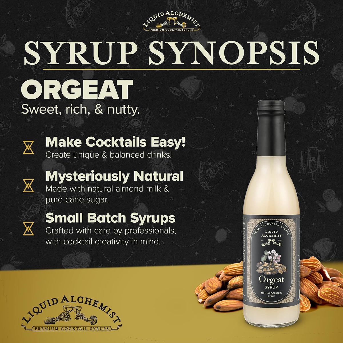 Liquid Alchemist Orgeat Syrup for Cocktails | Real Ingredients Make Our Almond Orgeat Syrup for Drinks the Perfect Mai Tai Mix | Small Batch, Non-GMO &amp; Vegan | 12.7 oz Drink Mixer, Pack of 1