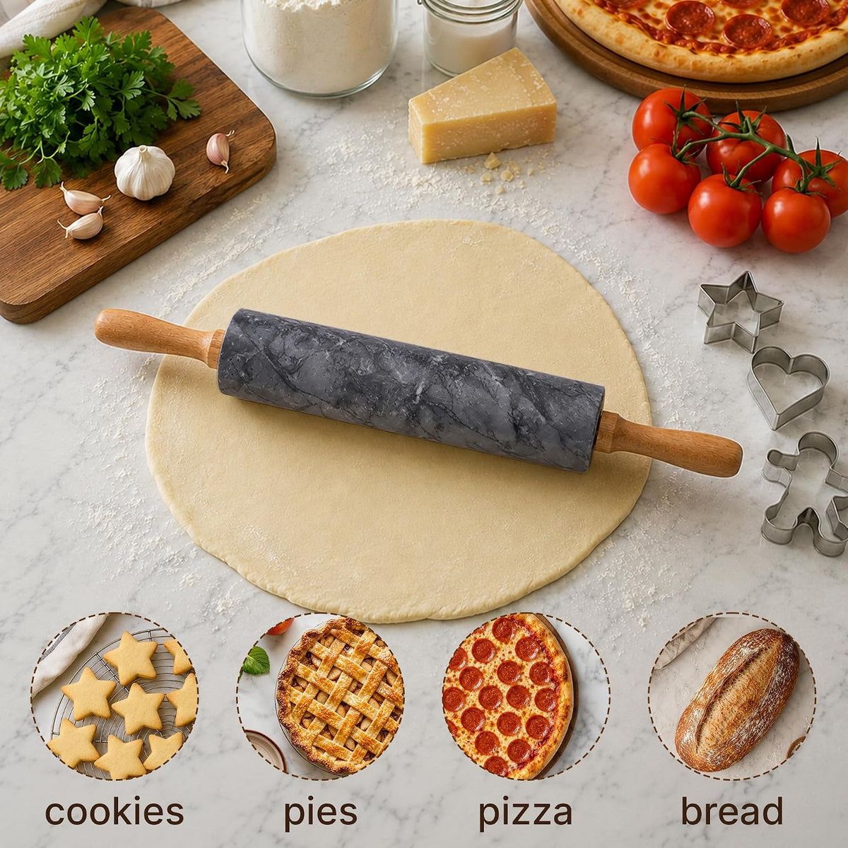 Zulay Kitchen 17-Inch Marble Rolling Pin With Stand - Polished Marble Rolling Pins For Baking - Long Rolling Pin Marble With Beechwood Handle - Non-stick Roller Pin For Baking Pastries, Bread &amp; Pizza