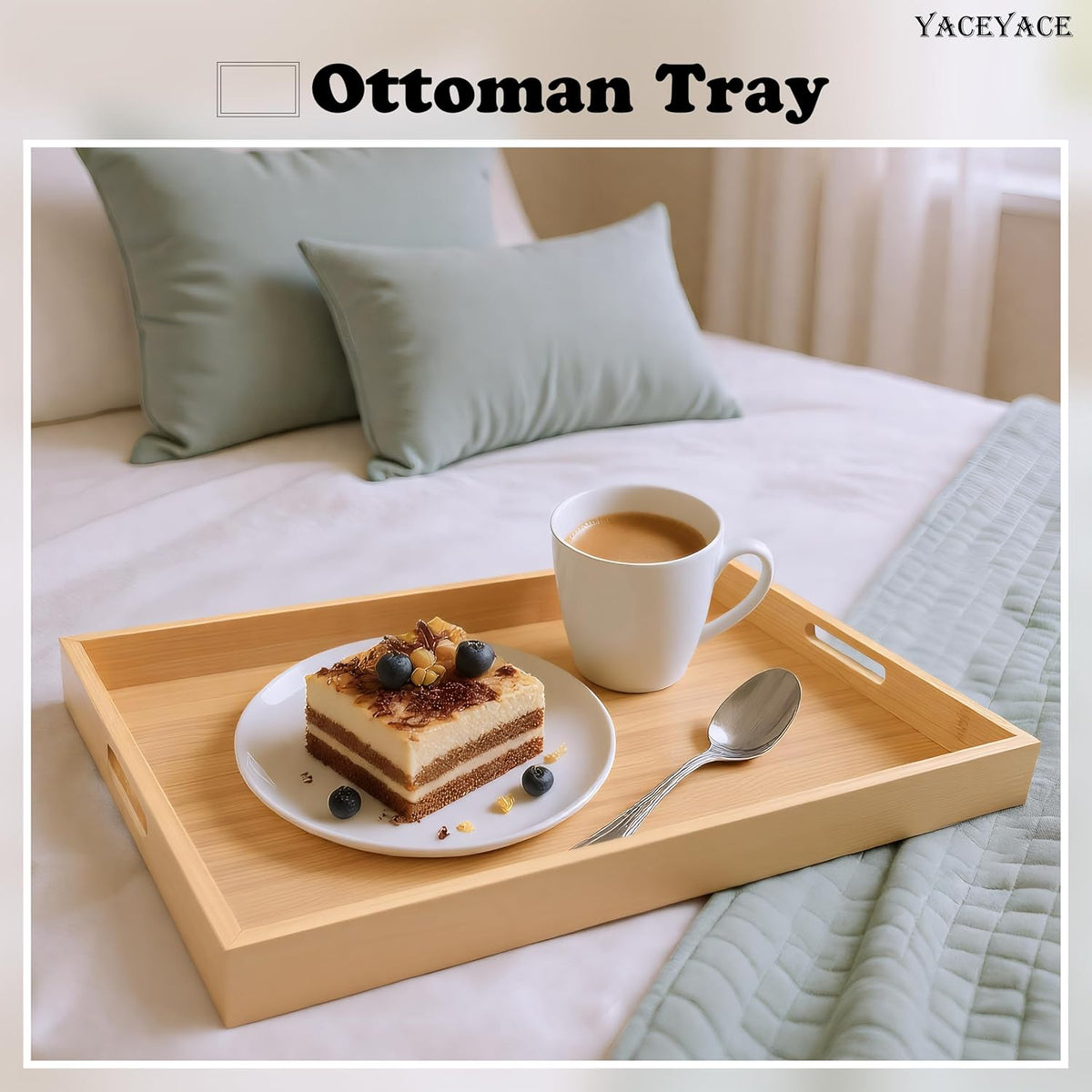 Serving Tray with Handles, 17"x12.5"x1.5" Large Bamboo Serving Tray for Ottoman, Decor Tray for Breakfast, Living Room, Drink, Coffe Table
