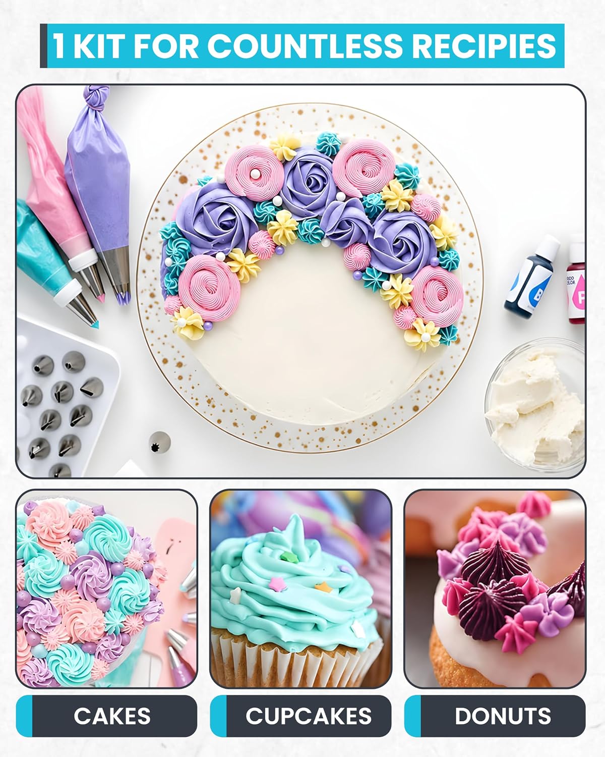 RFAQK 74PCs Icing Piping Bags and Tips Set, Cake Decorating Kit with 48-Numbered Piping Tips, 12inch Anti Burst Pastry Bags, Booklet, E-book &amp; Complete Video Course for Cookie Cupcake Cake Decoration