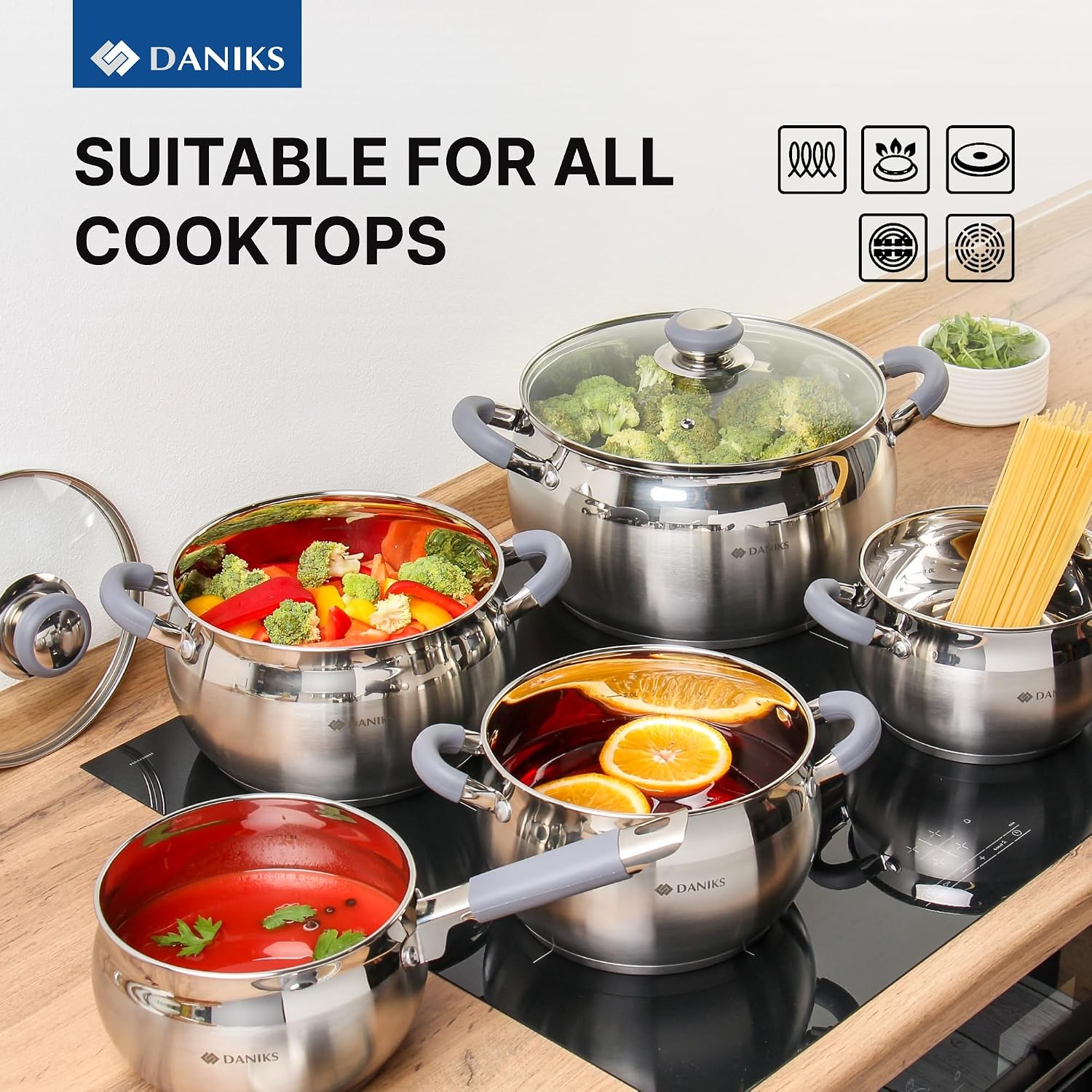 Daniks Modern 11-Piece Stainless Steel Cookware Set with Glass Lids, Includes Saucepan and Frying Pan with Lid, Tri-Ply