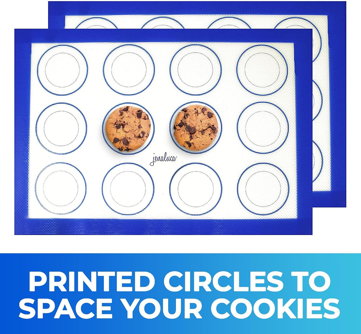 Silicone Baking &amp; Cookie Mats 2 Pack, Non-Stick, 16.5 x 11.6 in | Food grade silicone liner with cookie measurements. Heat resistant to 480F, dishwasher safe, non-slip.