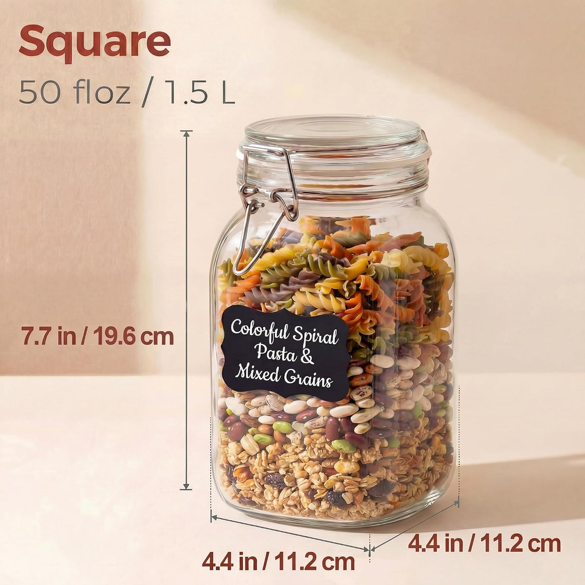 Square Glass Jars with Airtight Lid Set of 3, 50 floz Wide Mouth Mason Jars with Clamp Lids,Glass Sealed Jars with Air Tight Lids, Best for Kitchen & Pantry Food Storage