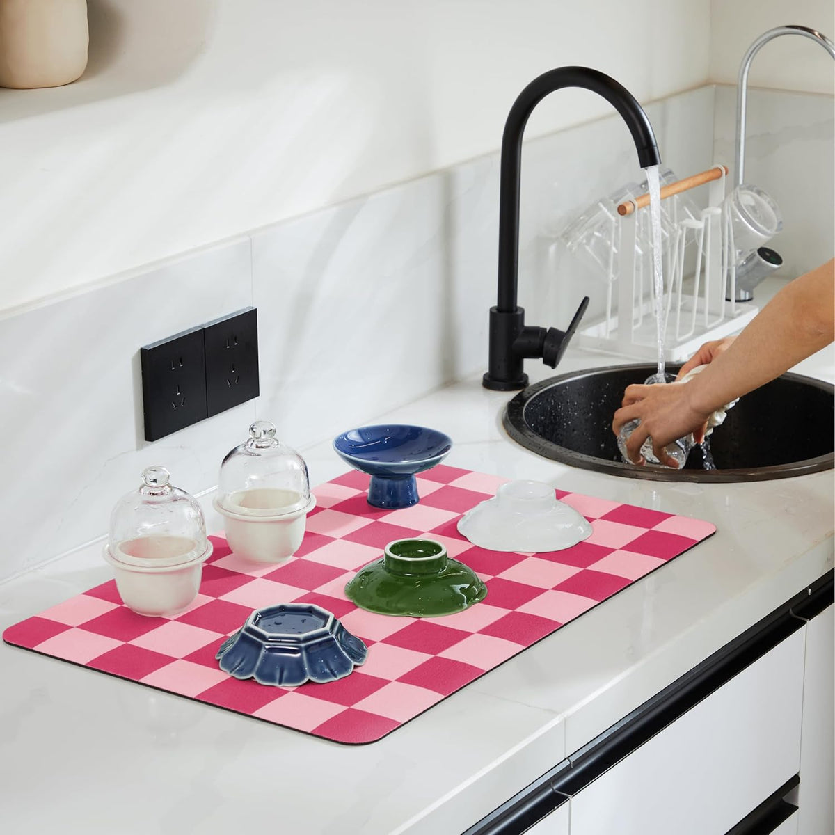 Checkered Dish Drying Mat for Kitchen Counter, Coffee Bar Station Accessories, Retro Cute Girly Pink Aesthetic Modern Absorbent Drainer Mat Kitchen Drying Mat Easy Clean, Hot Pink 16" x 24"
