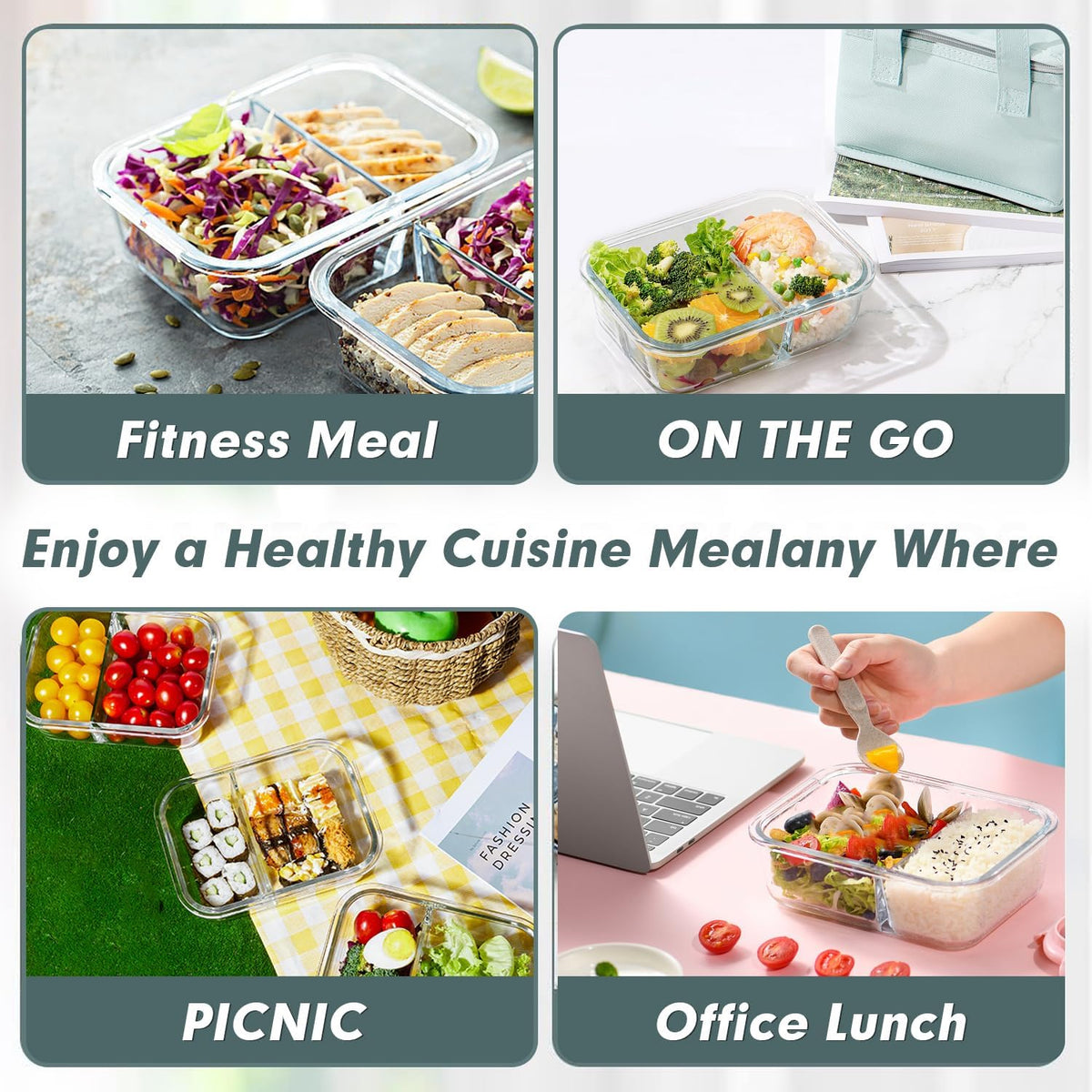 VERONES 10 Pack Glass Meal Prep Containers 2 Compartment Set, 30 OZ Airtight Glass Lunch Containers, Food Storage Containers with Lids, for Microwave, Oven, Freezer & Dishwasher Friendly，White