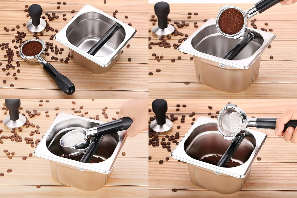 Coffee Knock Box Stainless Steel, 6.9 Inch Espresso Knock Box for Espresso Coffee Grounds, Built-In Knock Box with Rubber Knock Bar, 1.5L Large Capacity for Home Barista &amp; Coffee Bar