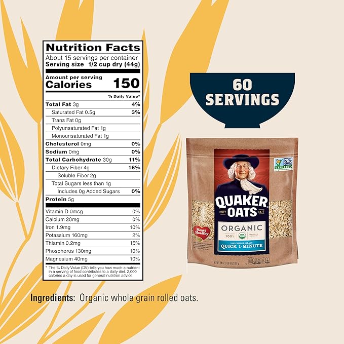 Quaker Organic Quick Cook Oatmeal, Breakfast Cereal, Non-GMO Project Verified, 24 Oz(Pack of 4)