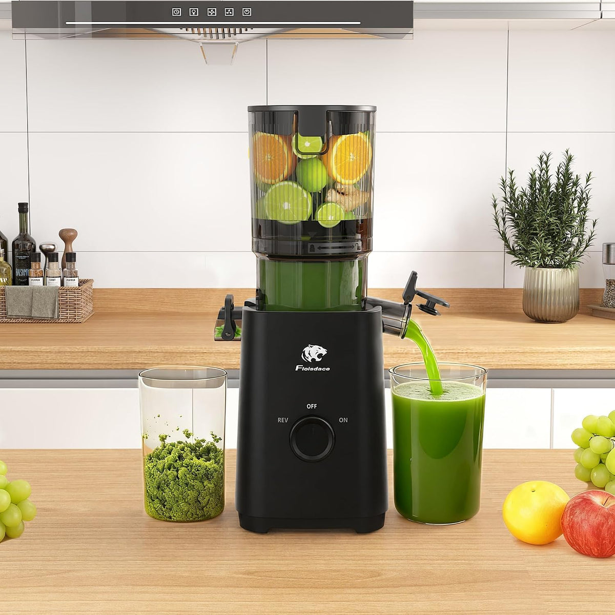 Cold Press Juicer, Masticating Slow Juicers, 6.5" Extra Large Feed Chute Juicers Machines, 350W Juicer Machines with High Juice Yield for Whole Vegetables & Fruits, BPA Free, Black, Easy to Clean