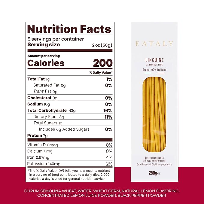 Eataly Italian Linguine with Lemon & Pepper Pasta Noodles - 250g (8.8 oz.) Box -Authentic Durum Semolina Wheat - Made in Italy- Dried Pasta for Gourmet Dining, 1 Pack