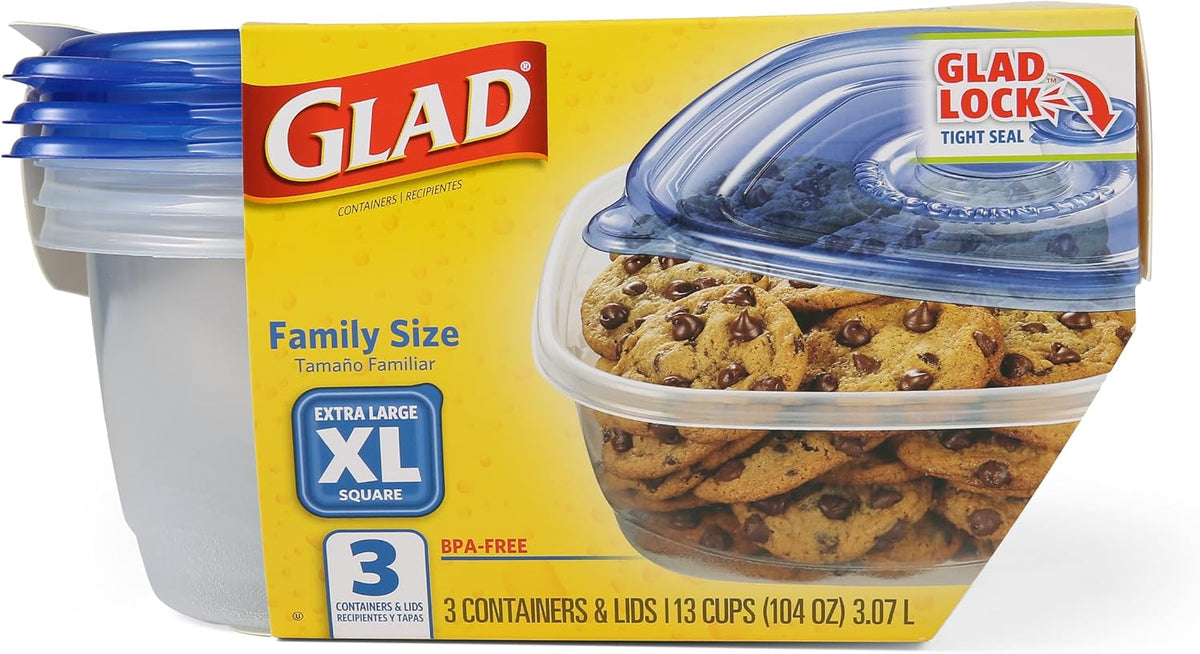 Glad Family Size Food Storage Containers, XL Square (104 Oz) - 3 Count, Standard