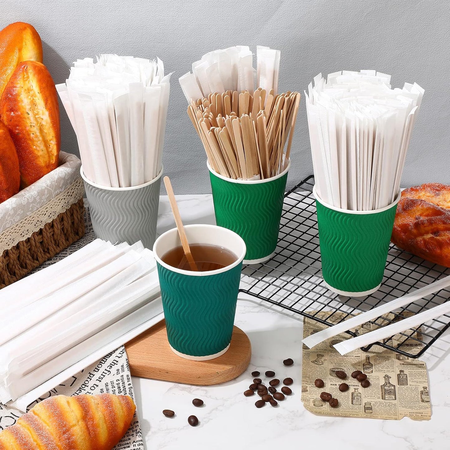 Amyhill 2000 Pcs Individually Wrapped Wooden Coffee Stirrers, 7 Inch | Disposable Coffee Stir Sticks, round End Sticks Bulk, Wood Stirrers for Cocktail Hot Drinks Restaurant Bar Home Office