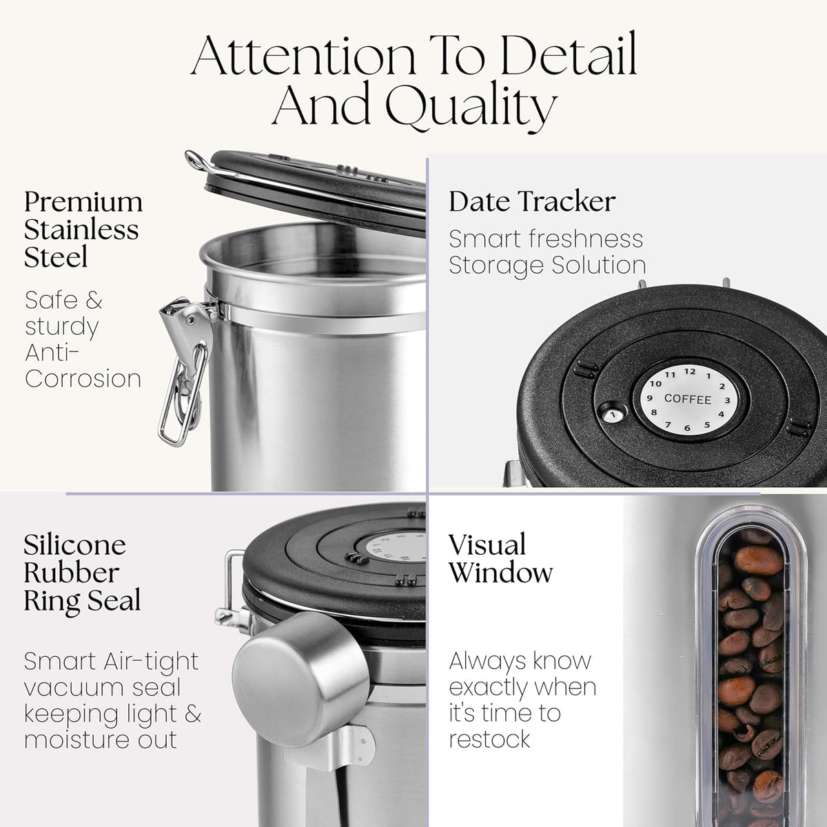 Mixpresso 16 Oz Coffee Canister with Window, Stainless Steel Airtight Coffee Container & scoop, Jar Tea Storage with Date Tracker, Vacuum Sealed Espresso Airtight Canister, Sugar Container