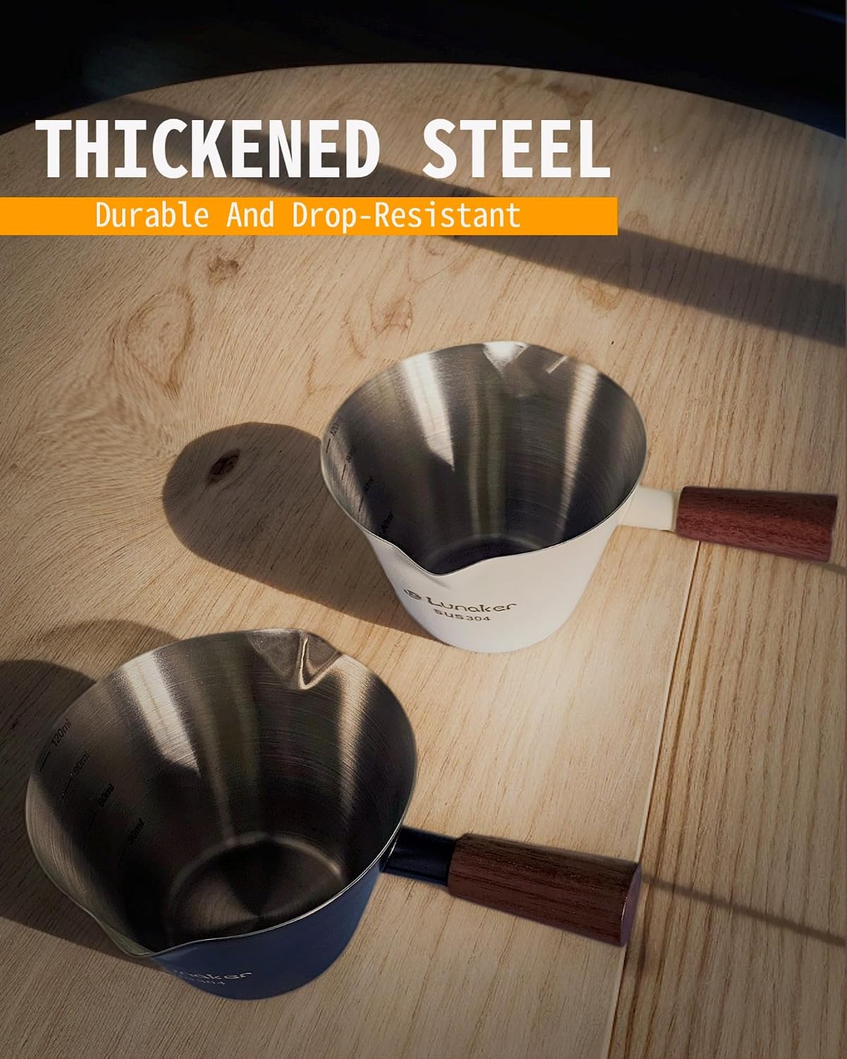4oz Metal Espresso Shot Cups with Wooden Handle,Black | Espresso Measuring Cups, Double Spouts, Coffee Bar Accessories, Espresso Machine Accessories