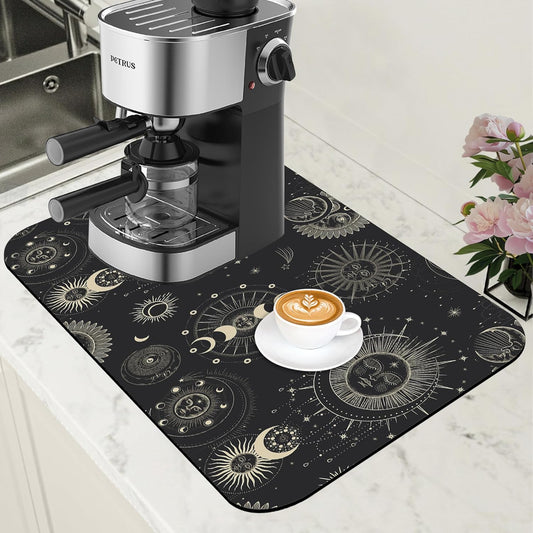 Moon Sun Zodiac Coffee Mat Absorbent Astrology Dish Drying Mat for Kitchen Counter Hide Stain Rubber Backed Coffee Bar