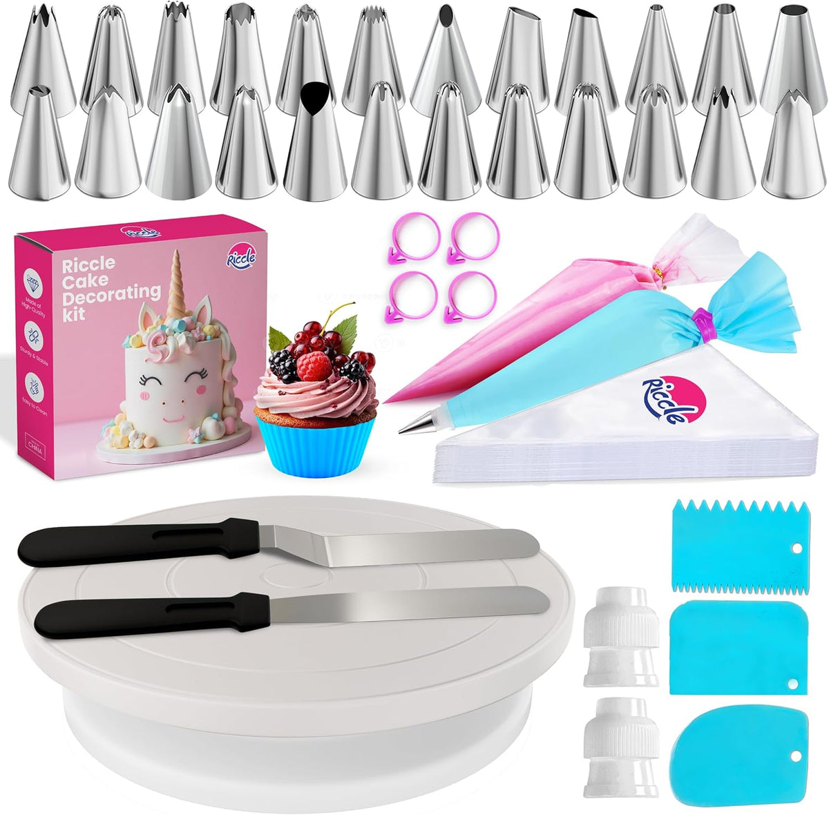 94 pcs Cake Decorating Kit with Cake Turntable - Includes 50pcs 16 Inch Disposable + 2 Reusable Piping Bags and Tips Set, 24 Icing Piping Tips, 2 Spatulas, 3 Icing Comb Scraper, 6 Cake Liners