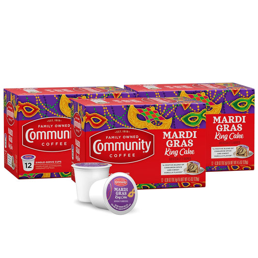 Community Coffee Mardi Gras King Cake Flavored 36 Count Coffee Pods, Medium Roast, Compatible with Keurig 2.0 K-cup Brewers,