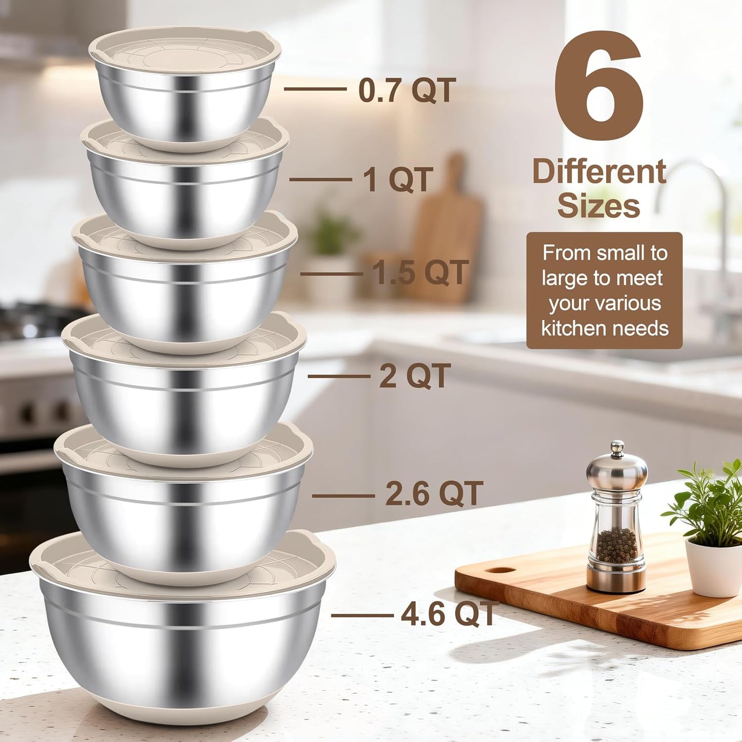 TeamFar Mixing Bowls, Stainless Steel Salad Bowls with Lids - Khaki | Nesting Bowls with Non-slip Bottom, for Kitchen Baking Preparing Serving, Stackable &amp; 6PCS - 4.6 /2.6 /2 / 1.5 /1 / 0.7 Qt