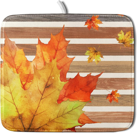 Autumn Golden Maple Leaf Dish Drying Mat for Kitchen Counter,Rural Wood Light Brown Stripes Drying Mat 16 x 18 Inch