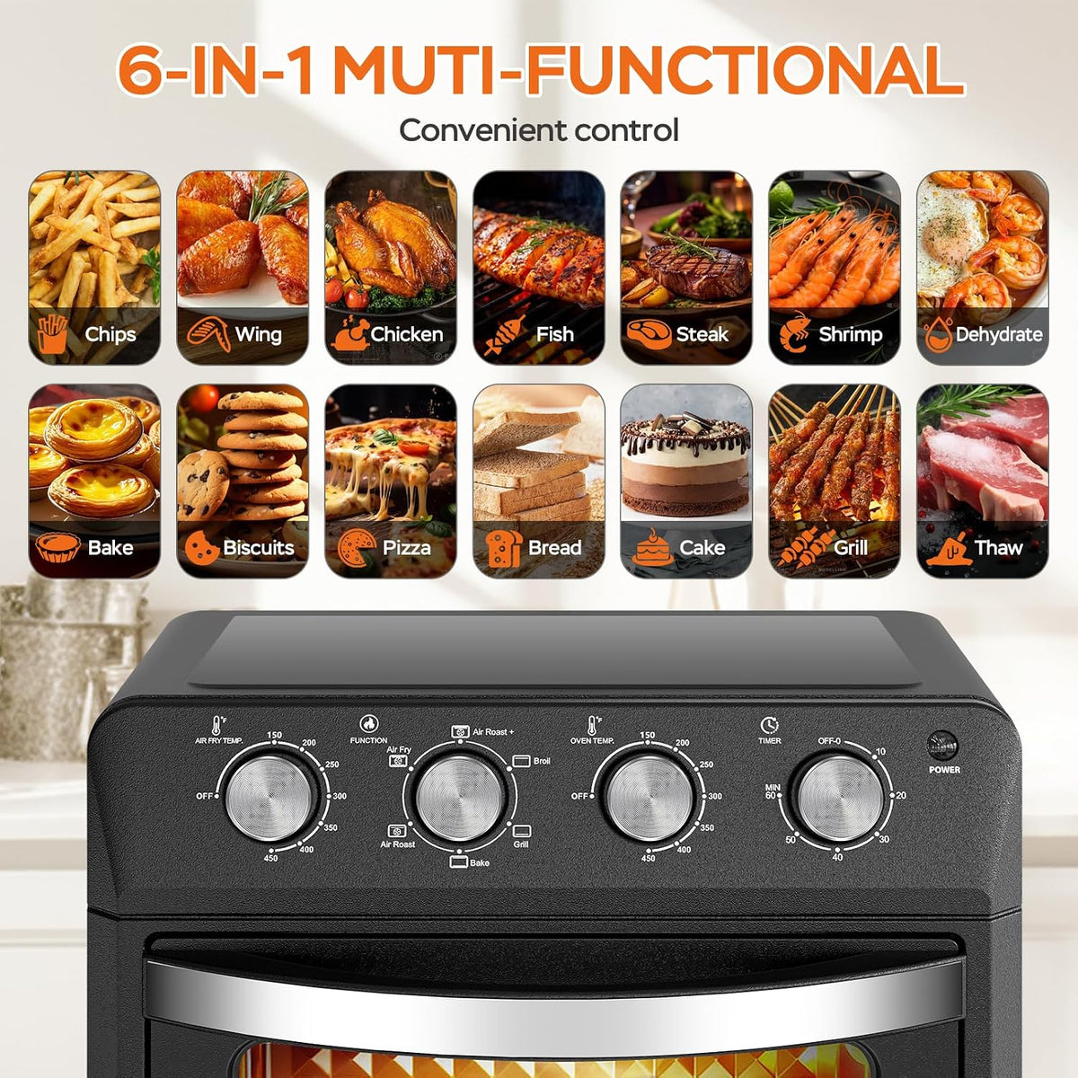 PlumChef 13 Quart 4 Slices Air Fryer Convection Toaster Oven, 1500W, Multifunction Oven for Roast, Bake, Grill, Broil, Toast（stainless steel）