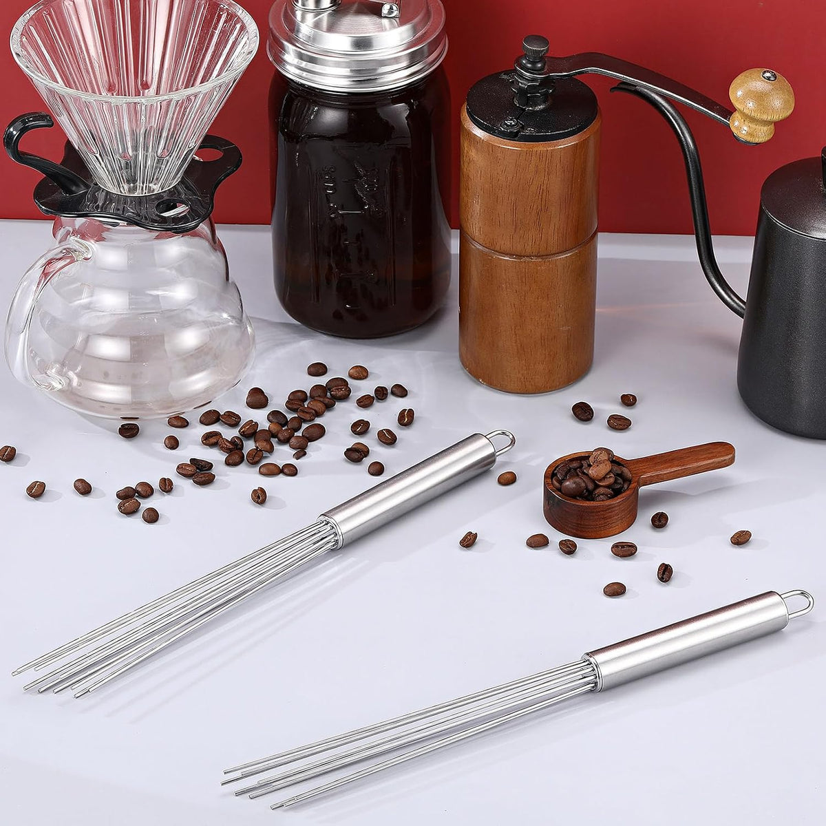 Baderke 2 Pcs Barista Whisk Tool 11.5 Inch Long Handle 10 Needles Stirrer