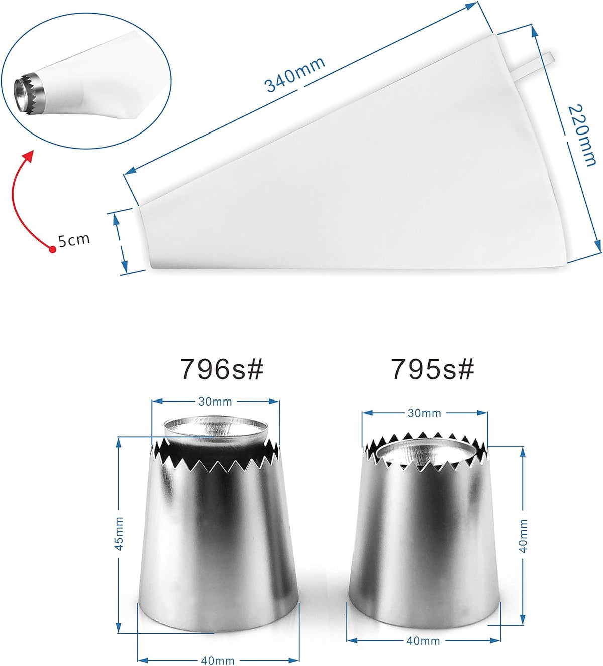 Cake Decorating Set, 2 Pieces Stainless Steel Icing Piping Nozzles Tips Kit with Reusable Piping Bag - Christmas Birthdays Anniversary Wedding Cakes Cookies Dessert Pastry DIY Making Tools