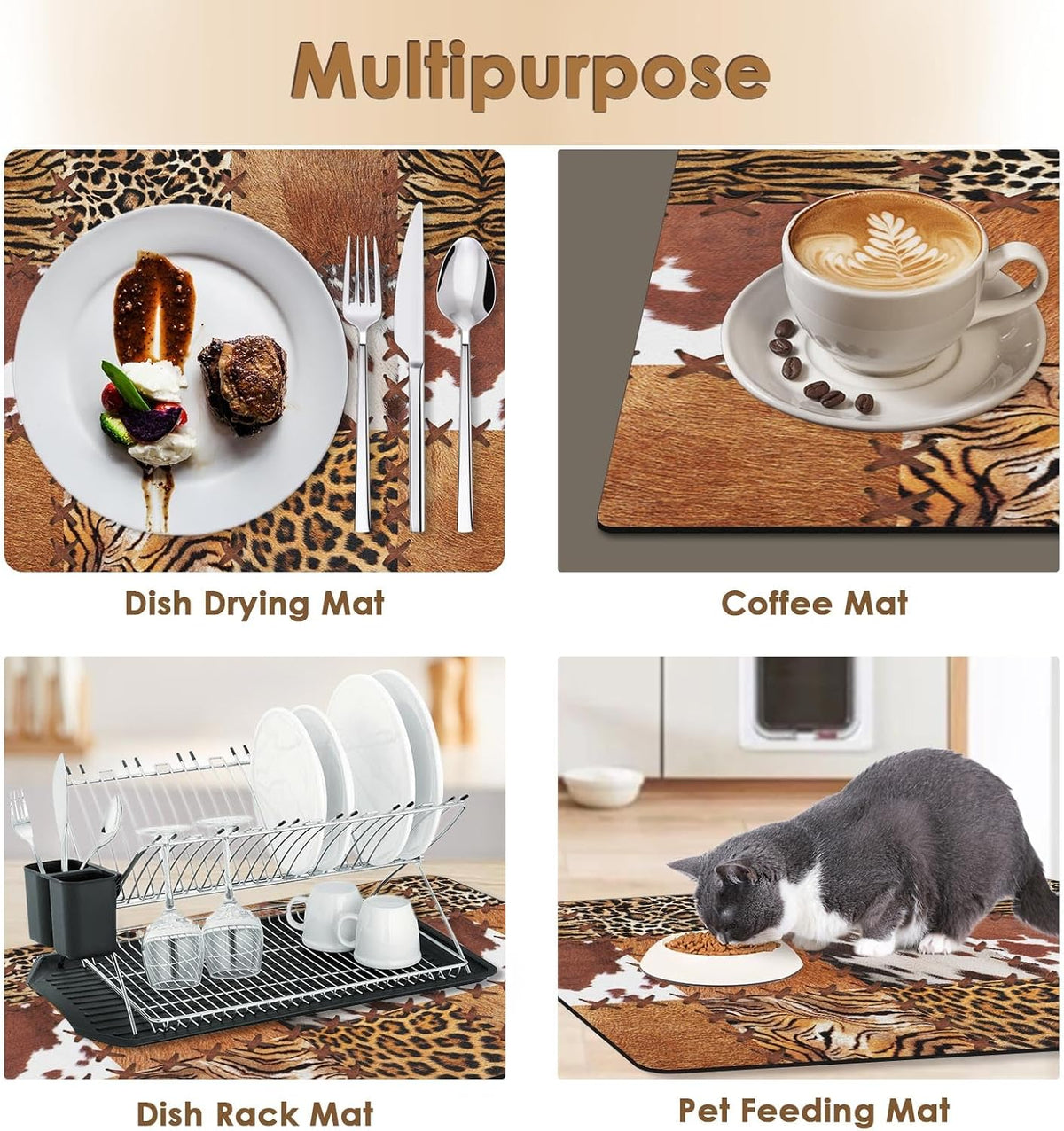 Arttown Coffee Mat for Countertops, 2 Pcs, 12" x 19" Cow Tiger | Leopard Patchwork Tribal Dish Drying Mats Rubber Backed, Kitchen Bar Accessories for Espresso Machine Rack Hide Stain